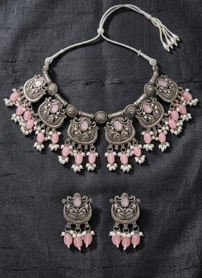 Oxidised silver-plated pink stone statement necklace set with matching earrings for women & girls 1