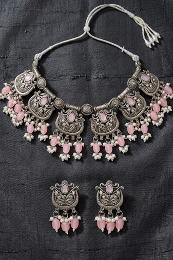 Oxidised silver-plated pink stone statement necklace set with matching earrings for women & girls