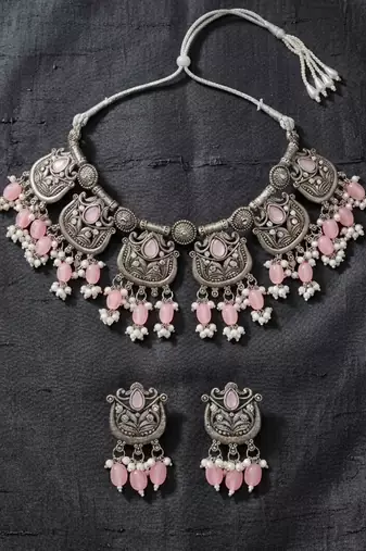 Oxidised silver-plated pink stone statement necklace set with matching earrings for women & girls