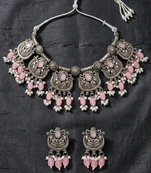 Oxidised silver-plated pink stone statement necklace set with matching earrings for women & girls