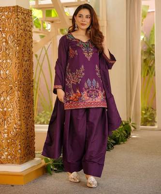 Purple heavy rayon thread work farshi suit set 1