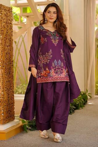 Purple heavy rayon thread work farshi suit set