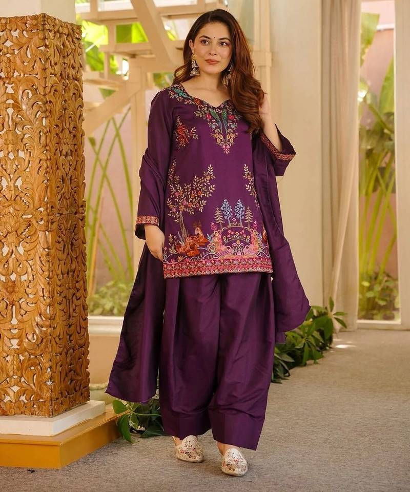 Purple heavy rayon thread work farshi suit set