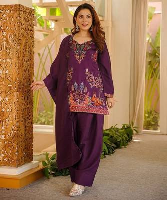 Purple heavy rayon thread work farshi suit set 2