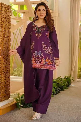 Purple heavy rayon thread work farshi suit set