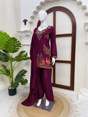 Purple heavy rayon thread work farshi suit set 3