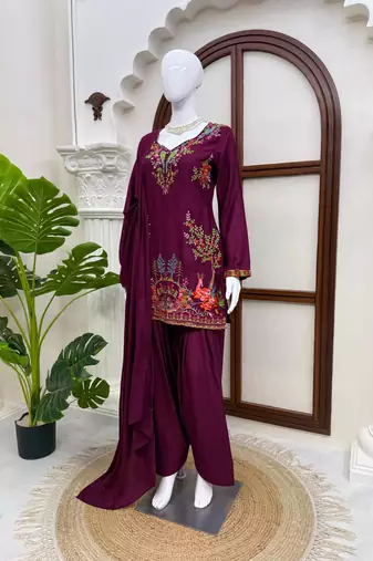 Purple heavy rayon thread work farshi suit set