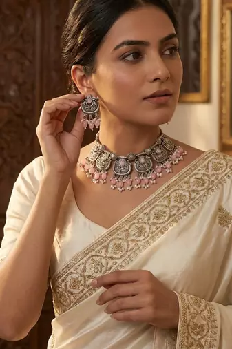 Oxidised silver-plated pink stone statement necklace set with matching earrings for women & girls