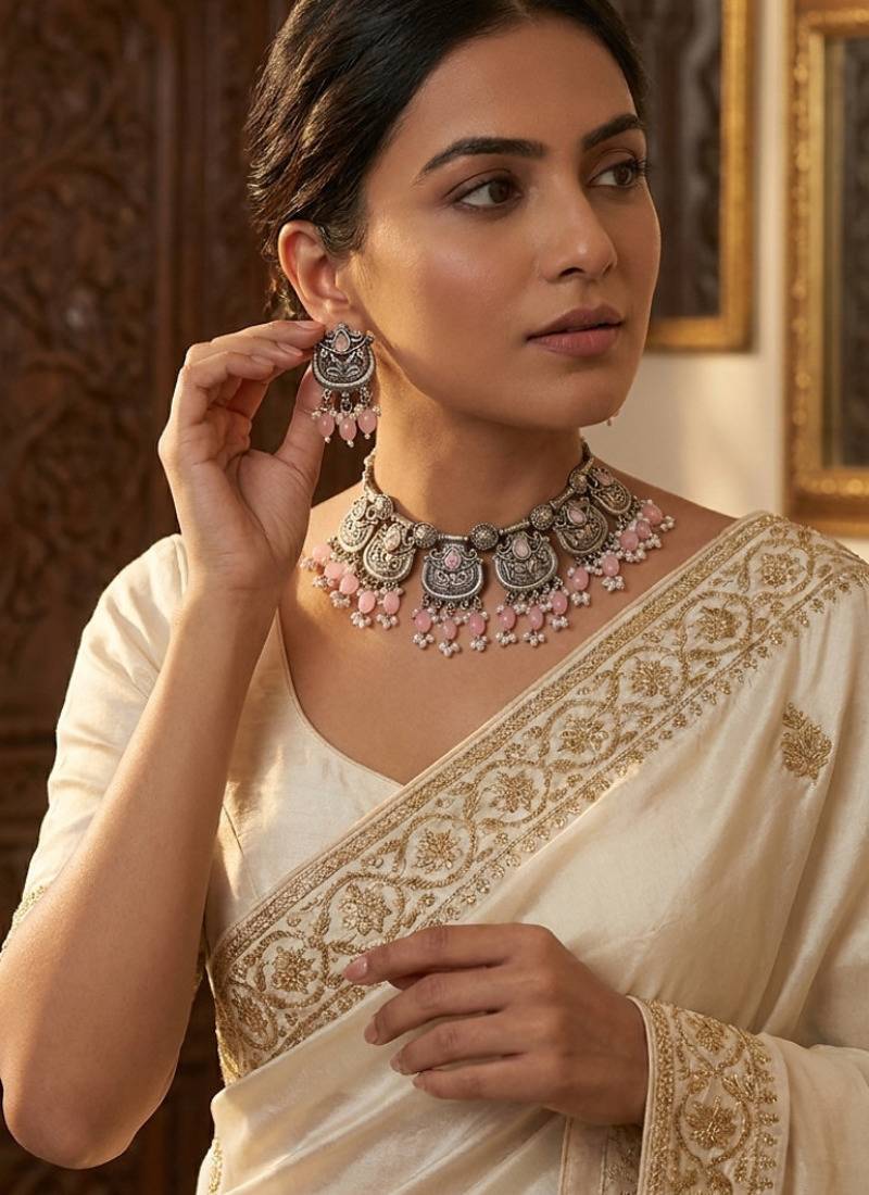 Oxidised silver-plated pink stone statement necklace set with matching earrings for women & girls
