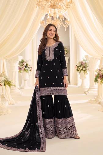 Black heavy chinon sequins embroidered sharara suit set