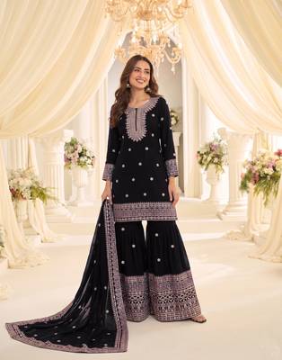 Black heavy chinon sequins embroidered sharara suit set 1