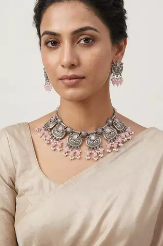 Oxidised silver-plated pink stone statement necklace set with matching earrings for women & girls