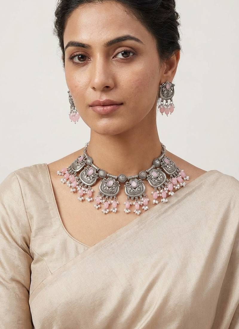 Oxidised silver-plated pink stone statement necklace set with matching earrings for women & girls