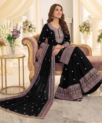 Black heavy chinon sequins embroidered sharara suit set 2