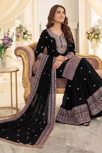 Black heavy chinon sequins embroidered sharara suit set