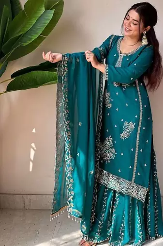 Teal blue fox georgette embroidered gharara suit set