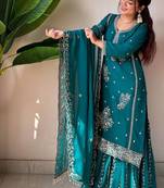 Teal blue colour fox georgette embroidered gharara suit set