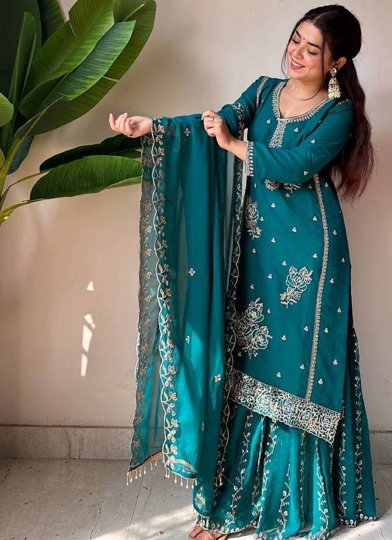 Teal blue colour fox georgette embroidered gharara suit set