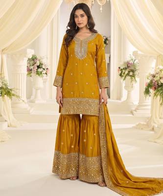 Yellow heavy chinon sequins embroidered sharara suit set 1