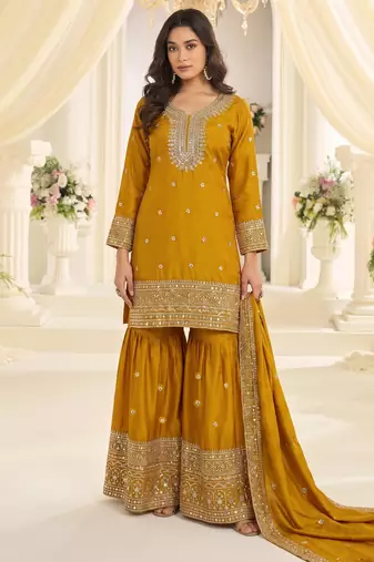 Yellow heavy chinon sequins embroidered sharara suit set