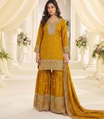 Yellow heavy chinon sequins embroidered sharara suit set