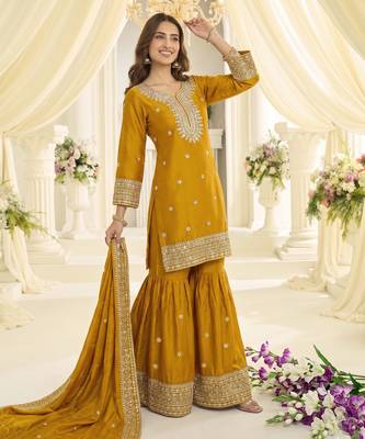 Yellow heavy chinon sequins embroidered sharara suit set 2