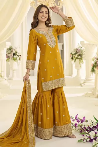 Yellow heavy chinon sequins embroidered sharara suit set
