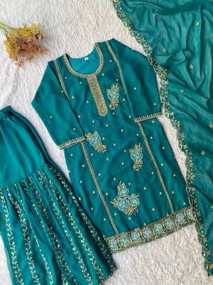 Teal blue fox georgette embroidered gharara suit set 4