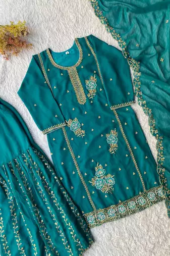 Teal blue fox georgette embroidered gharara suit set