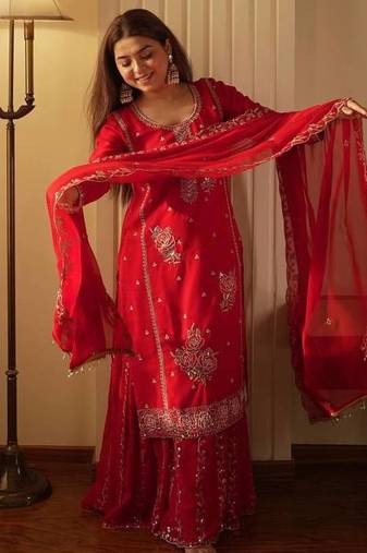 Red fox georgette embroidered gharara suit set