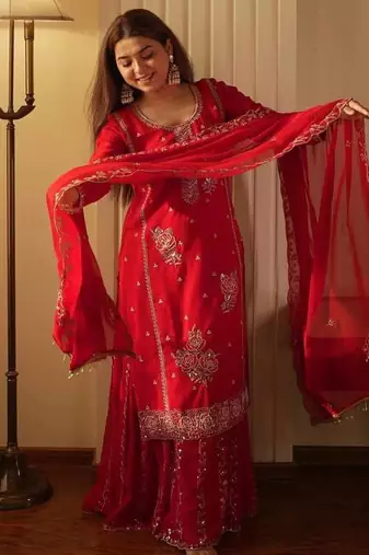 Red fox georgette embroidered gharara suit set