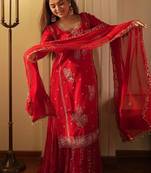 Red colour fox georgette embroidered gharara suit set