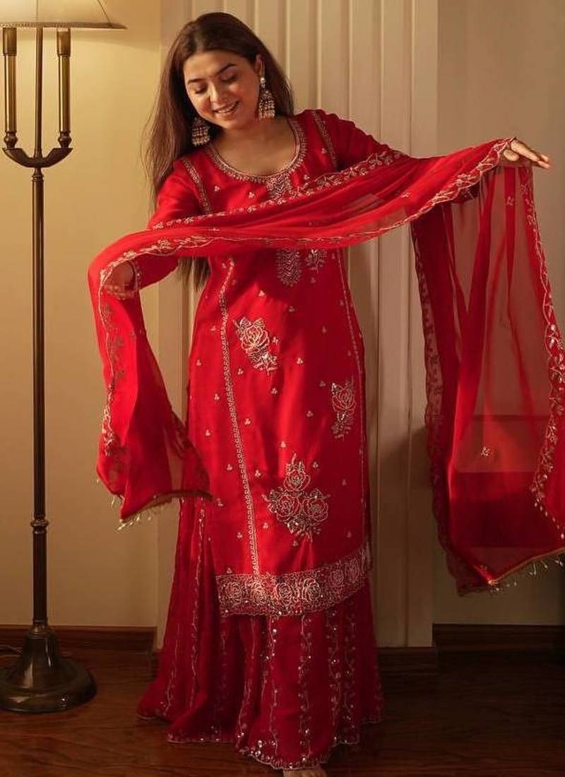 Red colour fox georgette embroidered gharara suit set