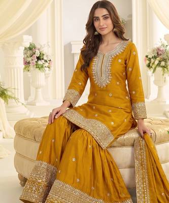 Yellow heavy chinon sequins embroidered sharara suit set 3