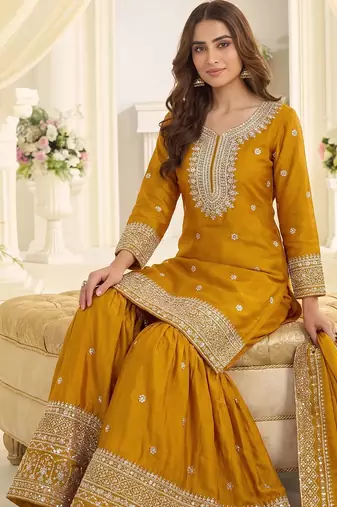 Yellow heavy chinon sequins embroidered sharara suit set