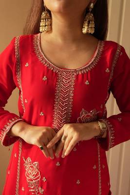 Red fox georgette embroidered gharara suit set 2
