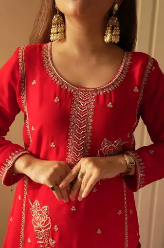 Red fox georgette embroidered gharara suit set