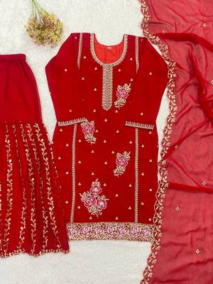 Red fox georgette embroidered gharara suit set 3