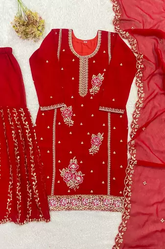 Red fox georgette embroidered gharara suit set