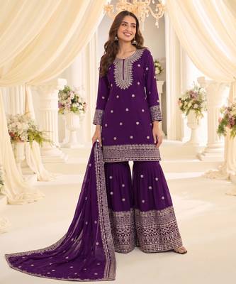 Purple heavy chinon sequins embroidered sharara suit set 1
