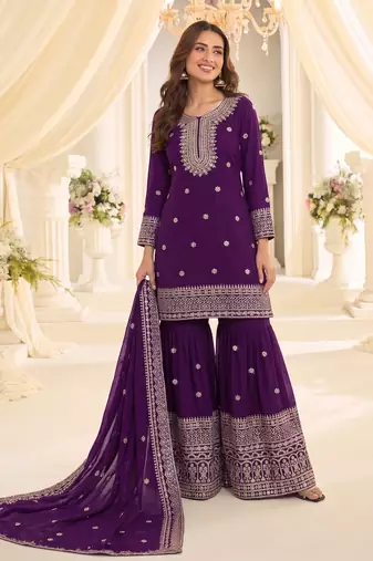Purple heavy chinon sequins embroidered sharara suit set