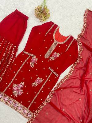 Red fox georgette embroidered gharara suit set 4