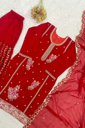 Red fox georgette embroidered gharara suit set