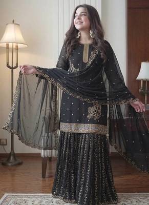 Black fox georgette embroidered gharara suit set 1