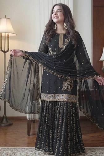 Black fox georgette embroidered gharara suit set