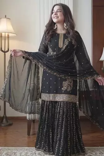 Black colour fox georgette embroidered gharara suit set