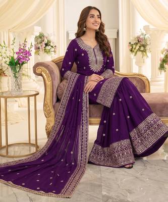 Purple heavy chinon sequins embroidered sharara suit set 2