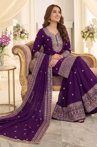 Purple heavy chinon sequins embroidered sharara suit set