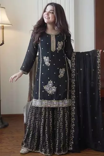 Black fox georgette embroidered gharara suit set