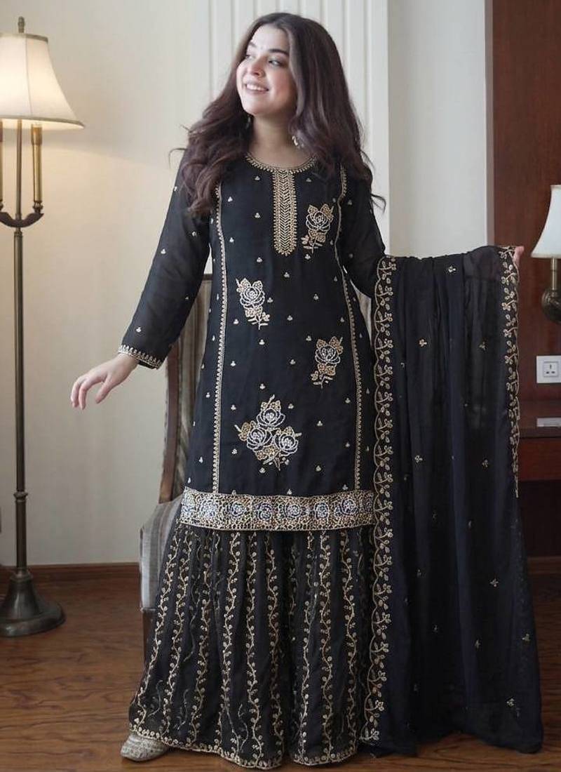 Black colour fox georgette embroidered gharara suit set